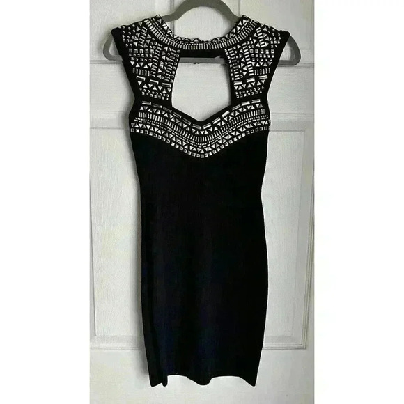 bebe Dresses & Skirts - Bebe Black Body Con Dress Metallic Accents Choker Neck Size M